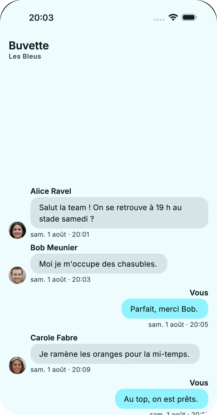 Fil de discussion de l'équipe, appelé la buvette.