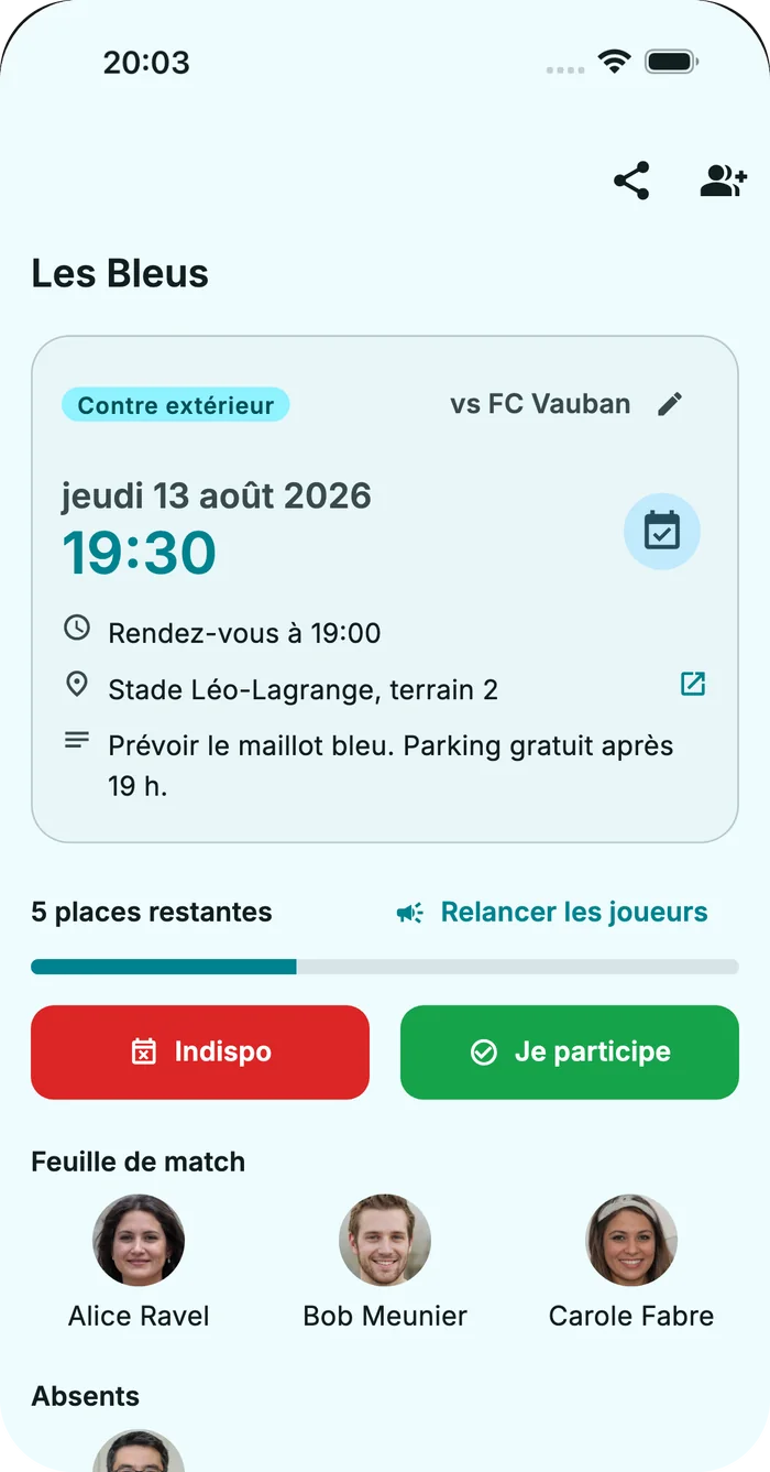 Feuille de match : les joueurs inscrits pour la rencontre.