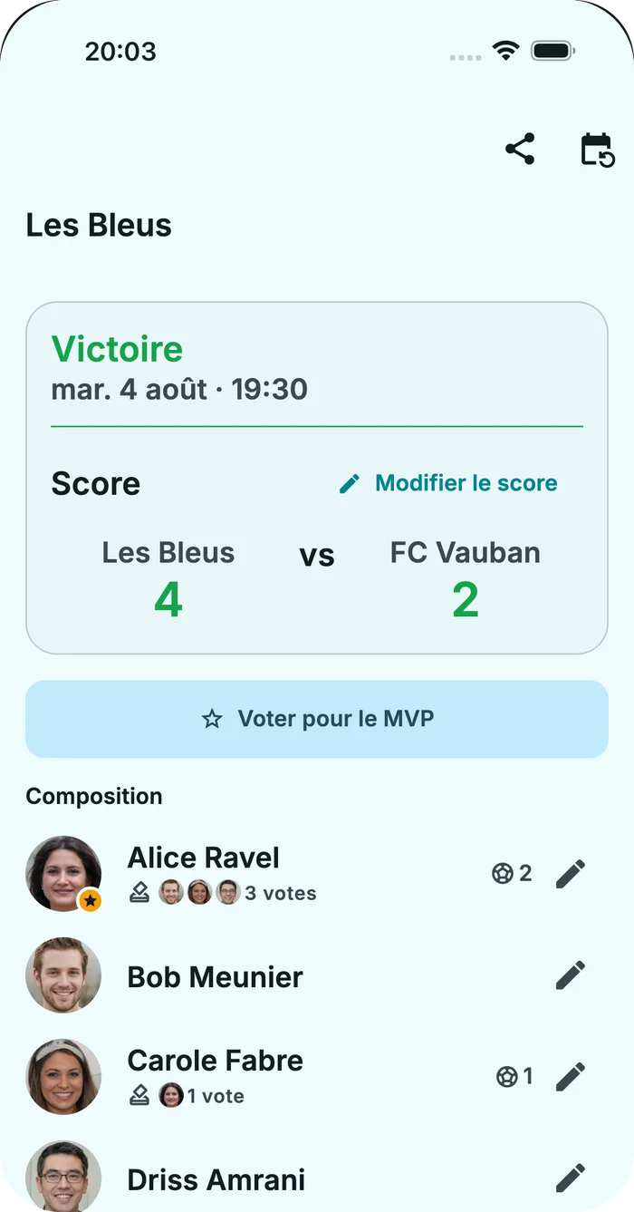 Résultat d'un match : score, buteurs et homme du match.